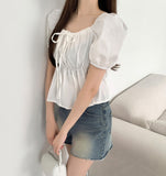 Summer Ribbon Puff Balloon Short Sleeve Flare Blouse