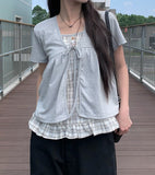[Fake Layered] Devin Check Frill Layered Blouse