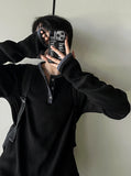 Finger hole waffle henley neck