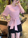 Eju Round Ribbon Strap Short Sleeve Blouse