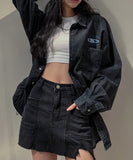 (UNISEX) Heels Embroidery Oversized Fit Denim Shirt