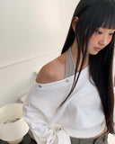 Holdit Stripe Halterneck Sleeveless Eyelet One-Off Shoulder Long Sleeve Sweatshirt Set