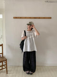 Cube Ribbon Cut Shirring Short Sleeve Blouse