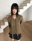 [muffler set] Tur no-collar V-neck button long-sleeved jacket