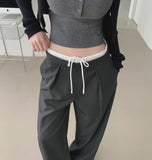 Color Matching Banding Side Zipper Pintuck Wide Slacks Pants