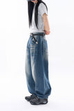 Deep side fold balloon denim pants