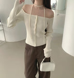 Off-shoulder Ribbed Knit Strap Set Cardigan