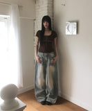 Binden side pin tuck back pocket wide denim pants