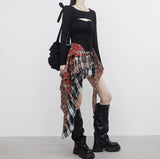 Chena unbalanced check tiered skirt