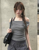 Orin Halter Layered Off-Shoulder Short Sleeve T-Shirt