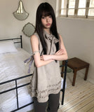 Jewel Ribbon Tie Frill Layered Sleeveless One Piece