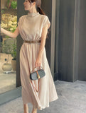 Odd Half-Neck Draped Banding Flare One Piece (Belt Set)