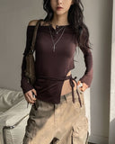 NP Slit Strap Unbalance Shoulder Long Sleeve