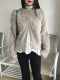 Soco Knitwear Color Matching Angora Fur Button Hood Cardigan