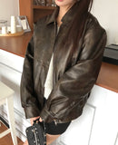 Minting Washing Cut Collar Loose Fit Leather Jacket