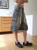 Kelu Vintage Washing Strap Cargo Denim Bermuda Shorts