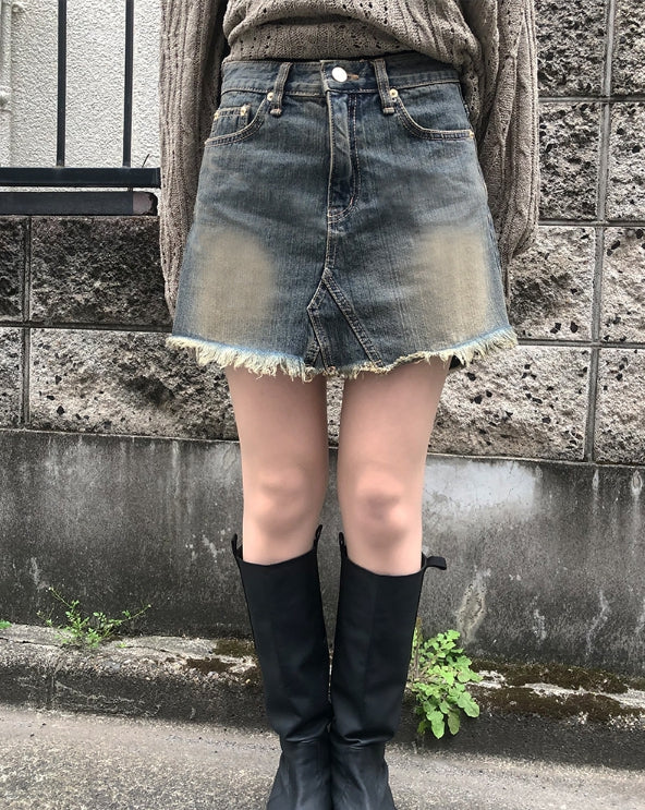 【Anyone more】Eoseun Denim Wash Mini Skirt Anyone more (エニワンモア) - オスンデニムウォッシュ加工ミニ