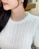 Shuena Pearl Neck Cable Short Sleeve Knit