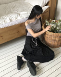 Hikin Unbalanced Off-shoulder Drape Shirring Strap Sleeveless