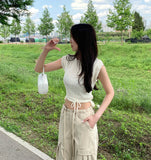 Punching Strap Ribbon Point Crop Short Sleeve Knit