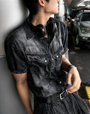 [Muscle Fit] Western Denim Linen Shirt