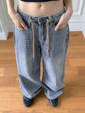 Soan string washing long wide denim pants
