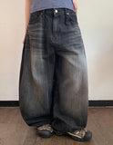 [unisex] Balon Lettering Washing Denim Black Blue Balloon Wide Pants