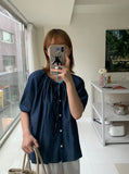 Demins Ribbon Button Denim Short Sleeve Blouse