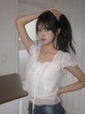 Neron Shirring Frill Ribbon Puff See-through Short Sleeve Blouse