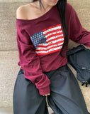 Murhit American Flag Printing One-Off Shoulder Long Sleeve Sweatshirt
