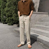 Linen semi-wide banding pants