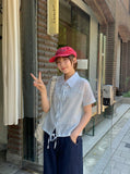 Felnas Stripe Ribbon Short Sleeve Blouse
