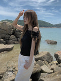 Nob Shirring Off-shoulder Ribbon Short Sleeve T-shirt