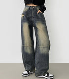 Unique Cut Line Damage Point Balloon Wide Denim Pants