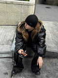 Zeoni Fur Trimming Hood Dark Black Leather Jumper
