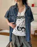 Ruff unbalanced pocket denim short sleeve shirt