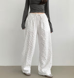 Fluffy Flower Embossed Banding Wide Pants