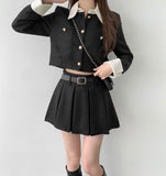 Tweed Two-Piece Crop Jacket Belt Mini Skirt Pants Set