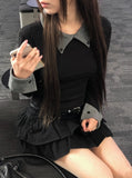 Rosin Color Matching Collar Button Slim Long Sleeve T-shirt
