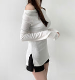 Boat Neck Off-Shoulder Knit Long Sleeve Slit Slim Fit T-Shirt