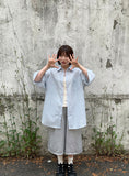 [unisex] Musent Seersucker Stripe Over Short Sleeve Shirt