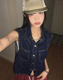 Tapi pocket snap button cap sleeve short sleeve denim shirt