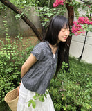 Hichu Stripe Frill Lace Ribbon Short Sleeve Blouse