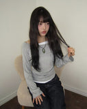 Elan Color Matching Shirring One-Shoulder Long-Sleeve T-Shirt
