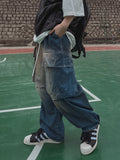 Poten Big Pocket Oil Washing Cargo Denim Pants