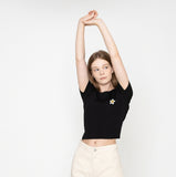 Flower Dot Embroidery Crop Short Sleeve Knit