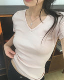 Monb Side Shirring V-Neck Short Sleeve T-Shirt