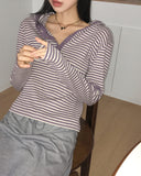 Pao Stripe Snap Button Color Matching Long Sleeve Hooded T-Shirt