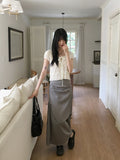 [MADE] Kiswi Eyelet Ribbon Shirring Pocket Nylon Long Skirt