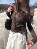Denk Shirring Eyelet Crop Lip Neck T-shirt